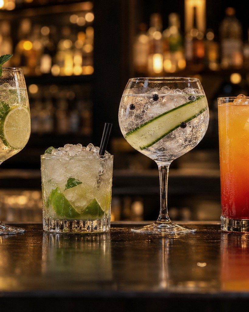 Caipirinha, Gin Tonic und Tequila Sunrise auf einer Bartheke